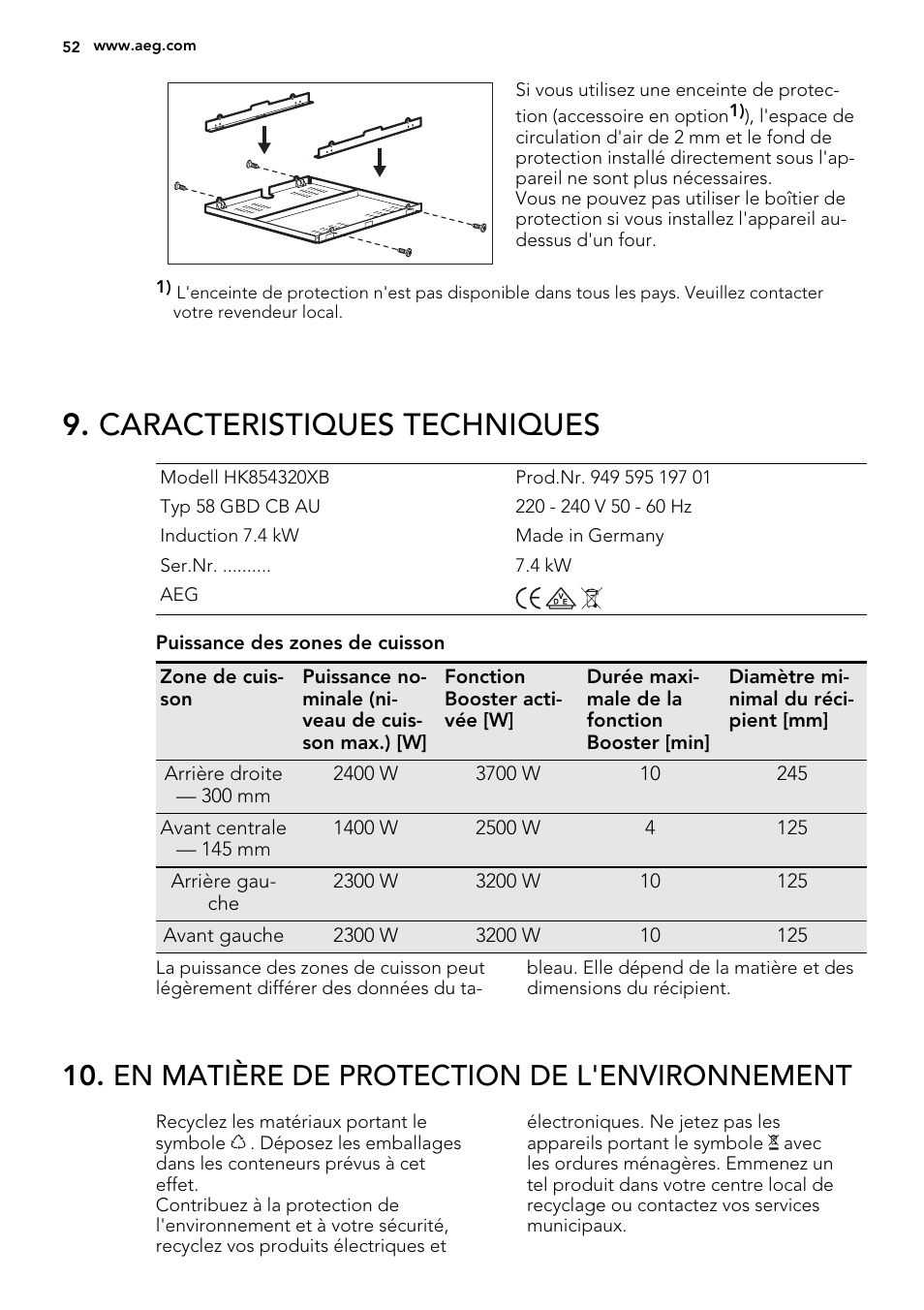 Caracteristiques techniques, En matière de protection de l'environnement | AEG HK854320XB User Manual | Page 52 / 72