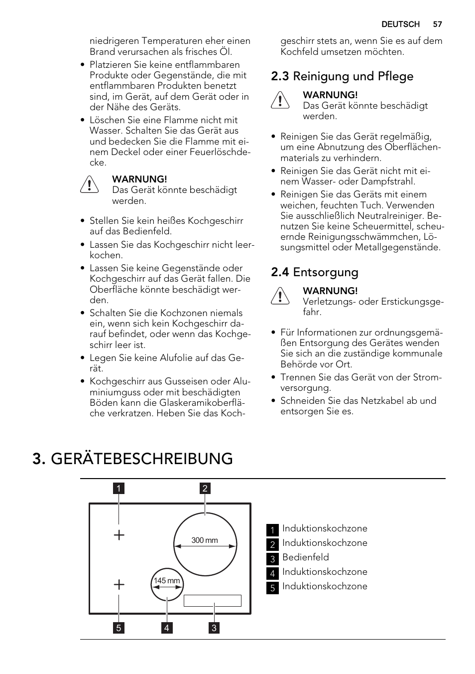 Gerätebeschreibung, 3 reinigung und pflege, 4 entsorgung | AEG HK854320XB User Manual | Page 57 / 72