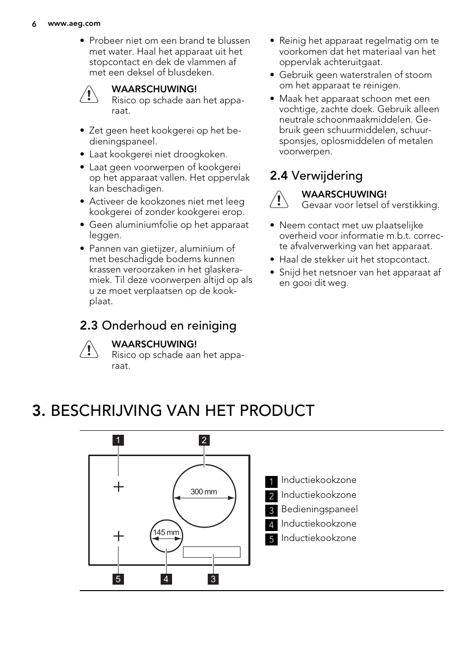 Beschrijving van het product, 3 onderhoud en reiniging, 4 verwijdering | AEG HK854320XB User Manual | Page 6 / 72