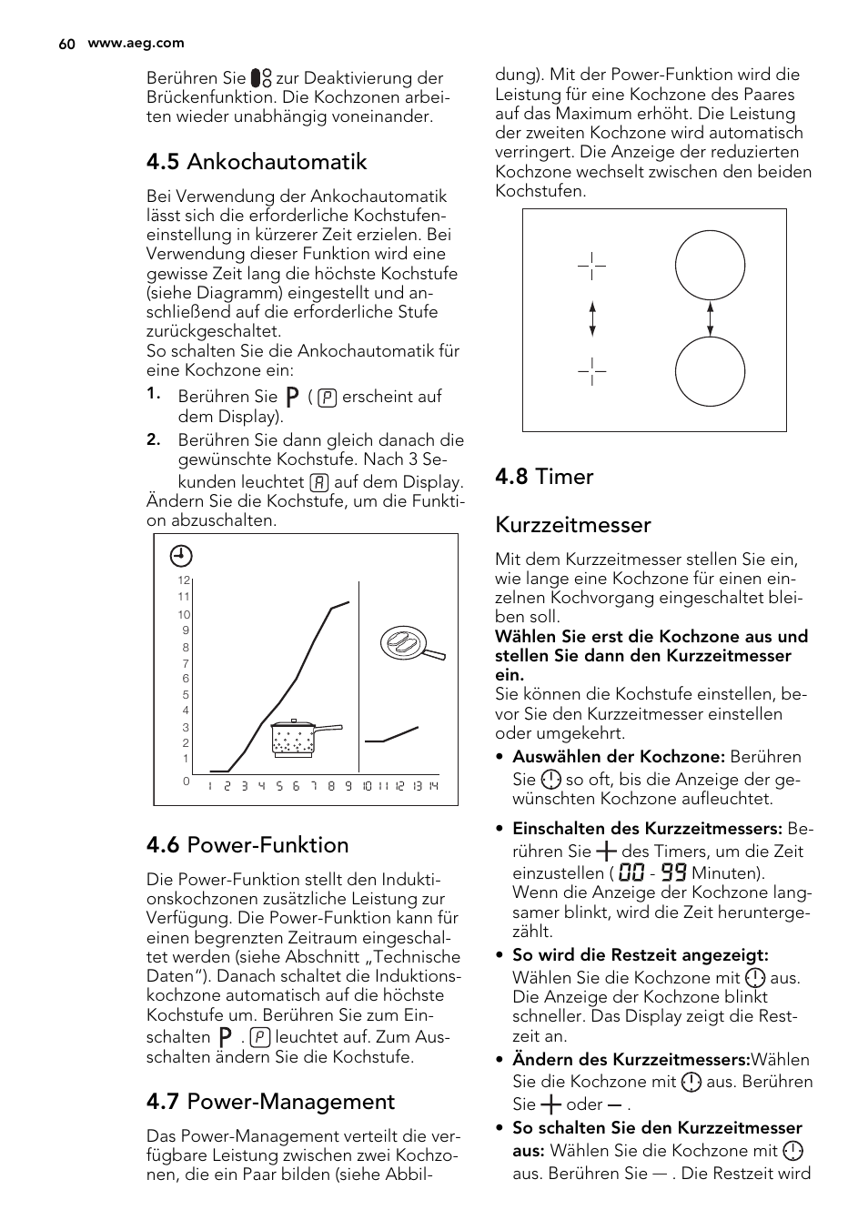 5 ankochautomatik, 6 power-funktion, 7 power-management | 8 timer kurzzeitmesser | AEG HK854320XB User Manual | Page 60 / 72