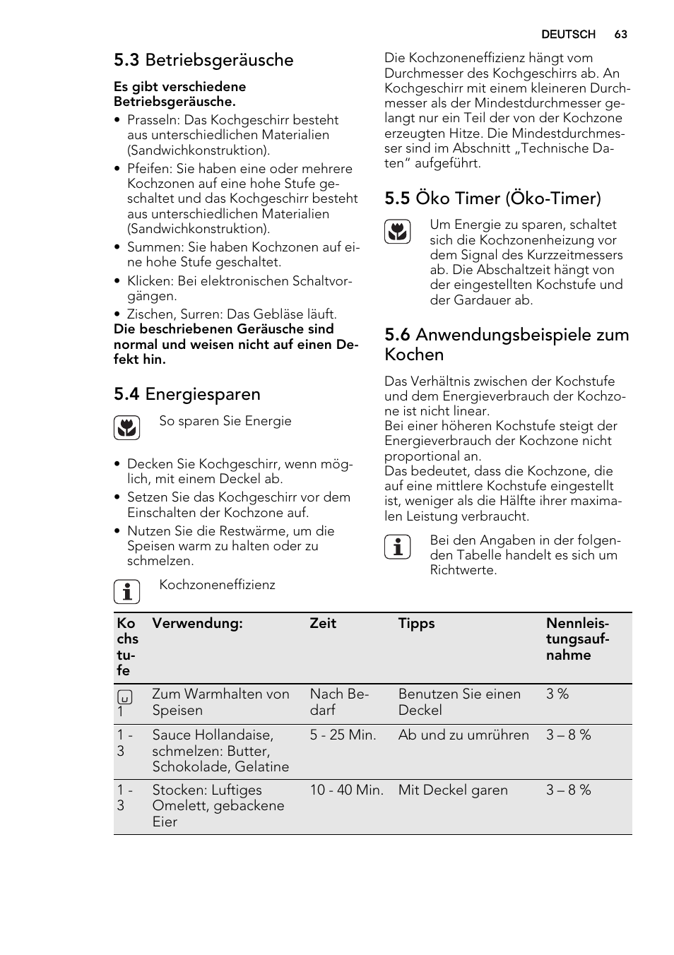 3 betriebsgeräusche, 4 energiesparen, 5 öko timer (öko-timer) | 6 anwendungsbeispiele zum kochen | AEG HK854320XB User Manual | Page 63 / 72