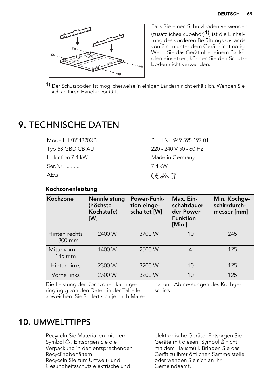 Technische daten, Umwelttipps | AEG HK854320XB User Manual | Page 69 / 72