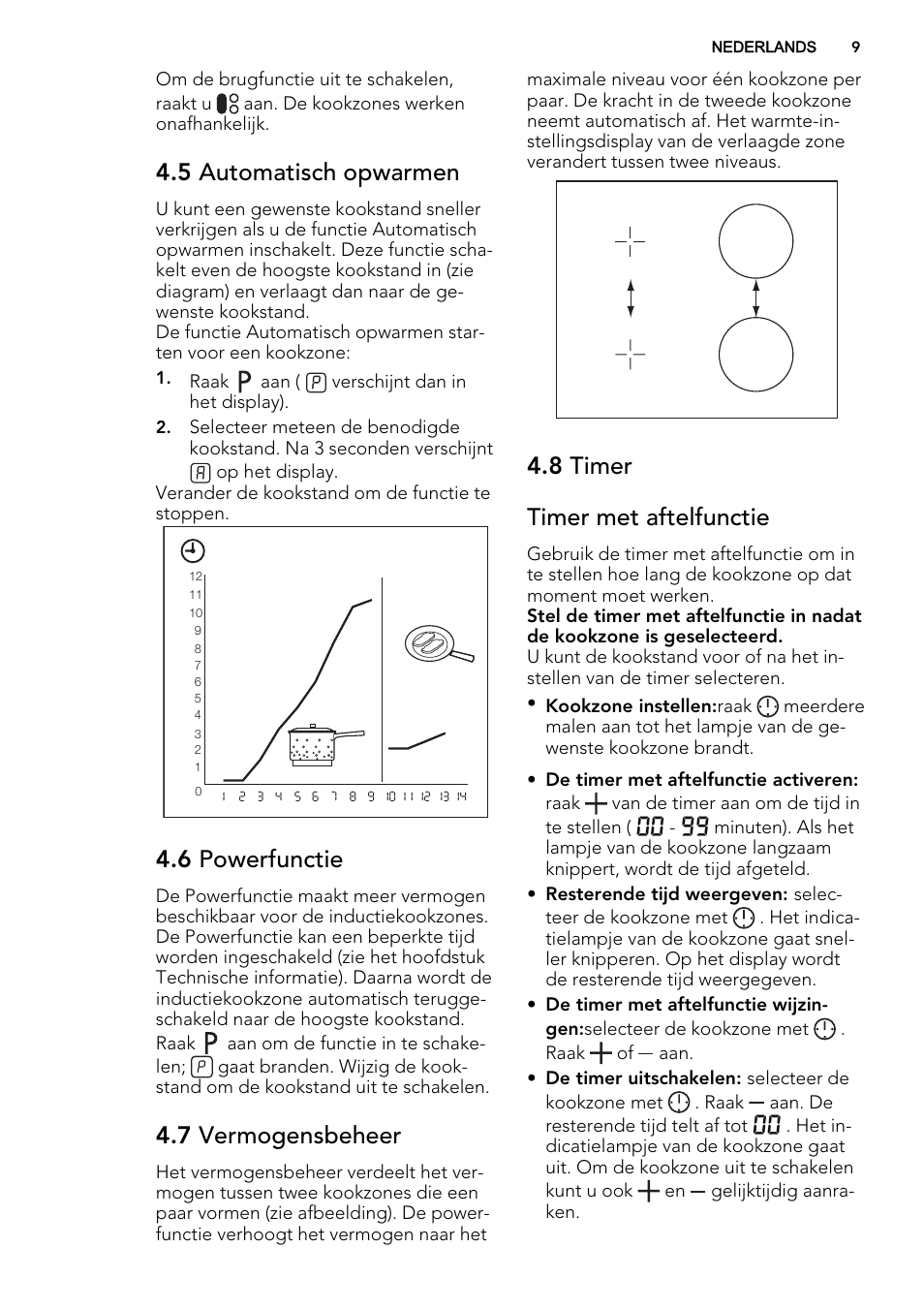 5 automatisch opwarmen, 6 powerfunctie, 7 vermogensbeheer | 8 timer timer met aftelfunctie | AEG HK854320XB User Manual | Page 9 / 72