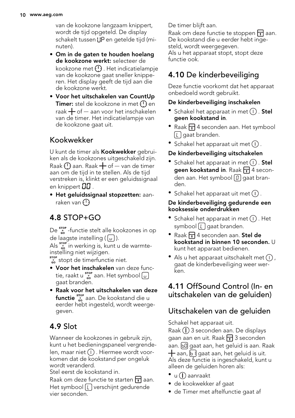 Kookwekker, 8 stop+go, 9 slot | 10 de kinderbeveiliging | AEG HK854400FB User Manual | Page 10 / 72