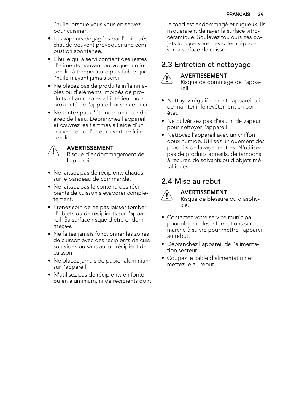 3 entretien et nettoyage, 4 mise au rebut | AEG HK854400FB User Manual | Page 39 / 72