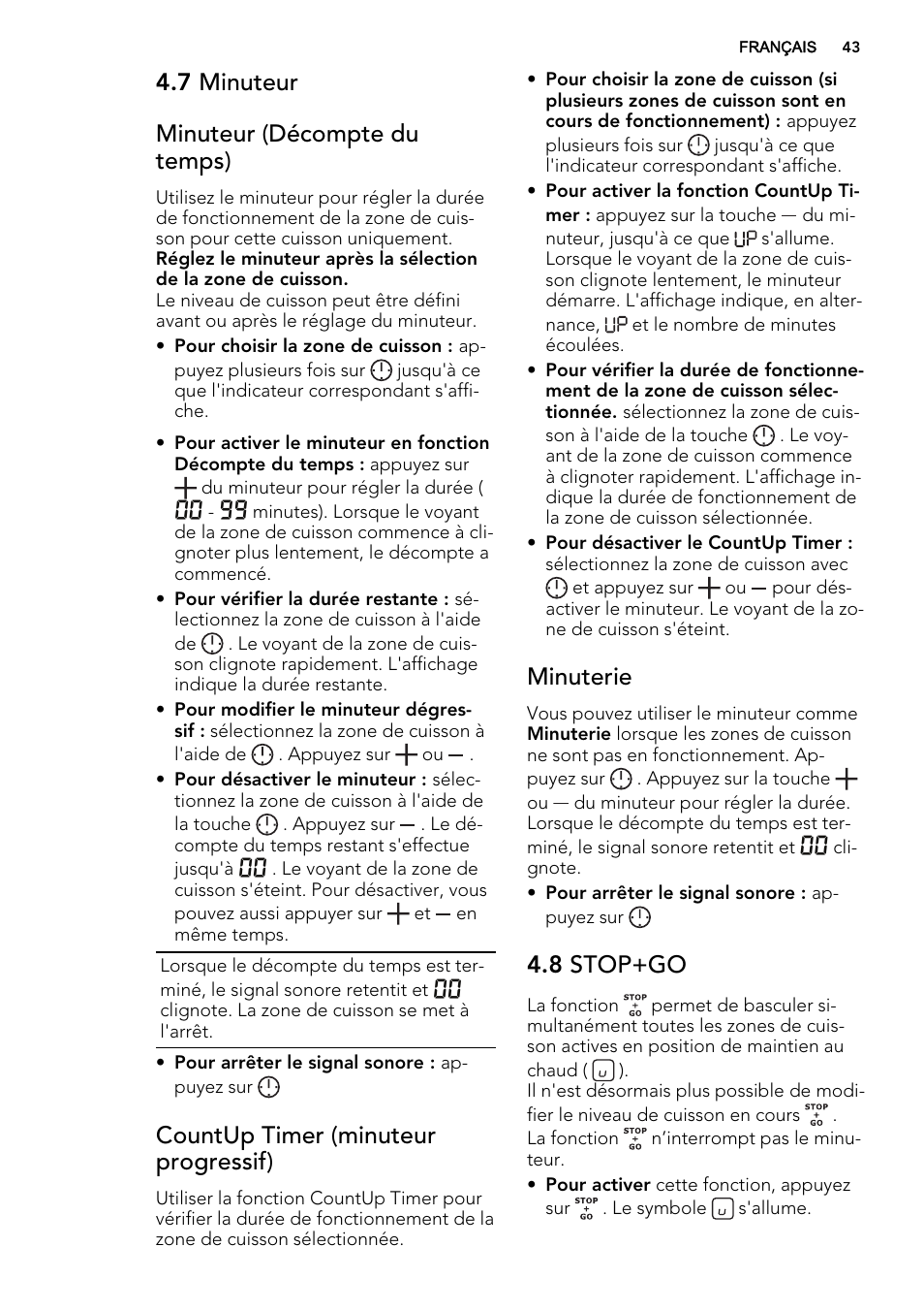 7 minuteur minuteur (décompte du temps), Countup timer (minuteur progressif), Minuterie | 8 stop+go | AEG HK854400FB User Manual | Page 43 / 72