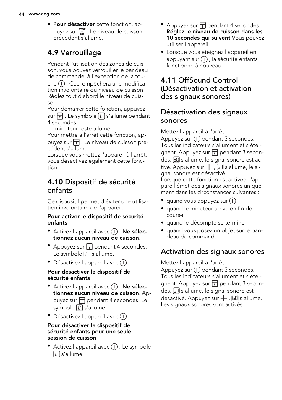 9 verrouillage, 10 dispositif de sécurité enfants, Activation des signaux sonores | AEG HK854400FB User Manual | Page 44 / 72