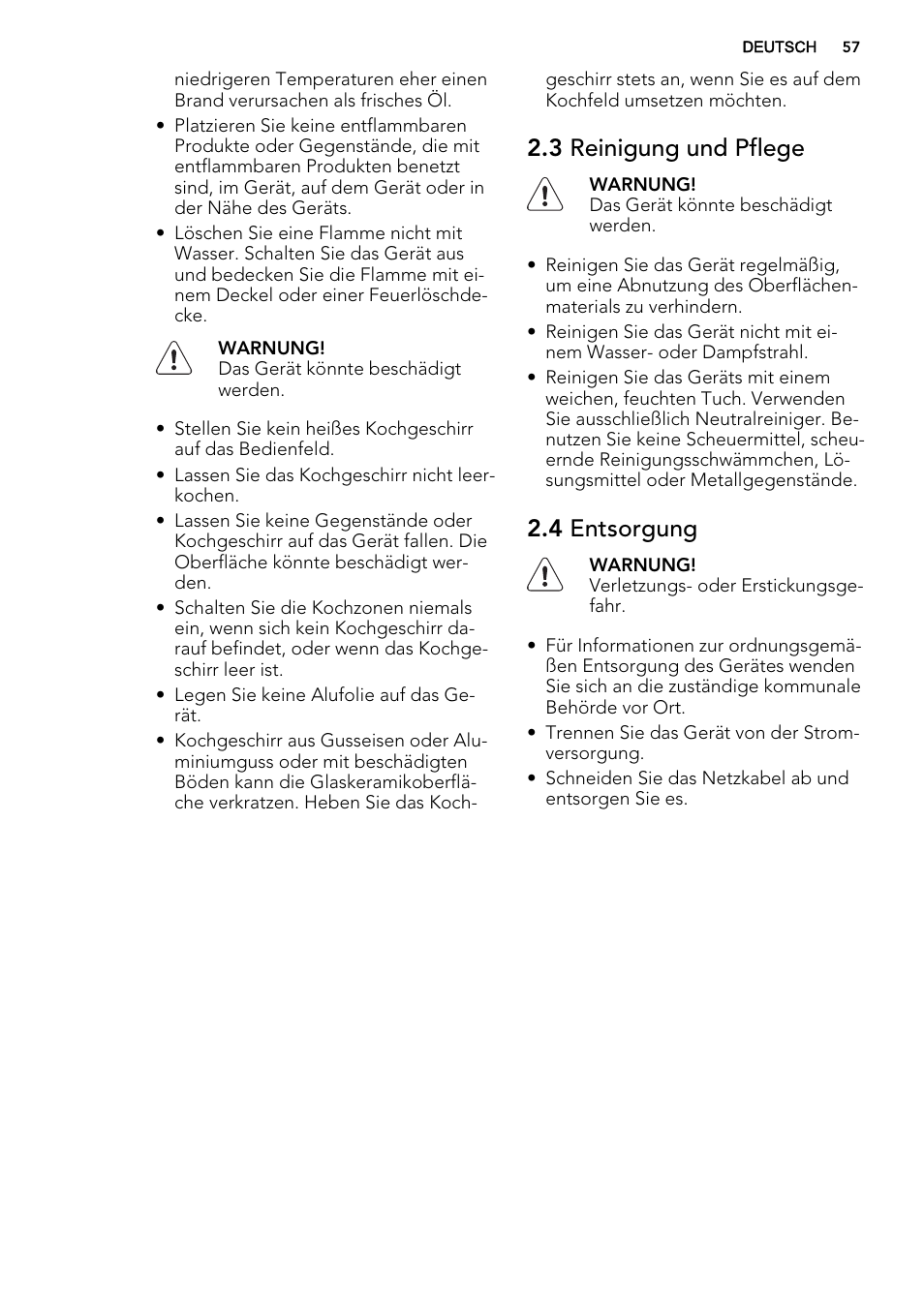 3 reinigung und pflege, 4 entsorgung | AEG HK854400FB User Manual | Page 57 / 72