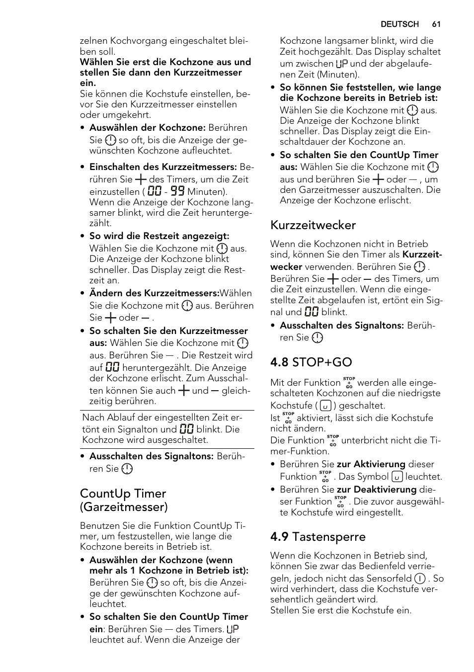 Countup timer (garzeitmesser), Kurzzeitwecker, 8 stop+go | 9 tastensperre | AEG HK854400FB User Manual | Page 61 / 72