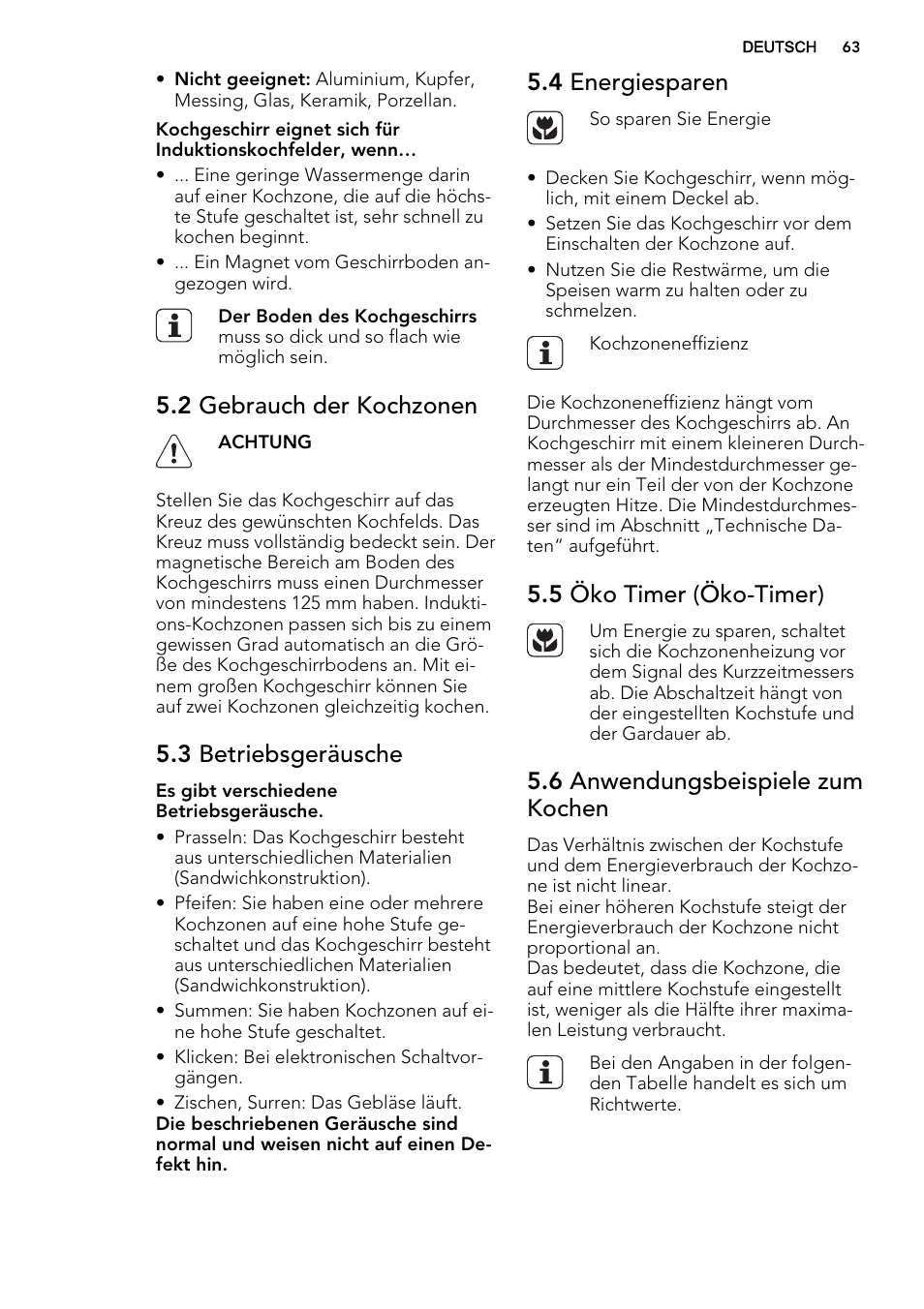 2 gebrauch der kochzonen, 3 betriebsgeräusche, 4 energiesparen | 5 öko timer (öko-timer), 6 anwendungsbeispiele zum kochen | AEG HK854400FB User Manual | Page 63 / 72