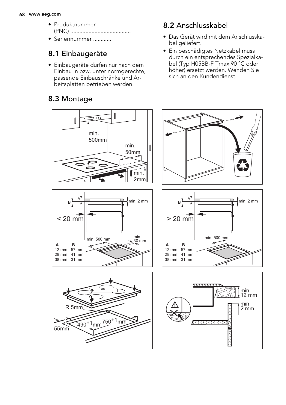 1 einbaugeräte, 2 anschlusskabel, 3 montage | 20 mm | AEG HK854400FB User Manual | Page 68 / 72