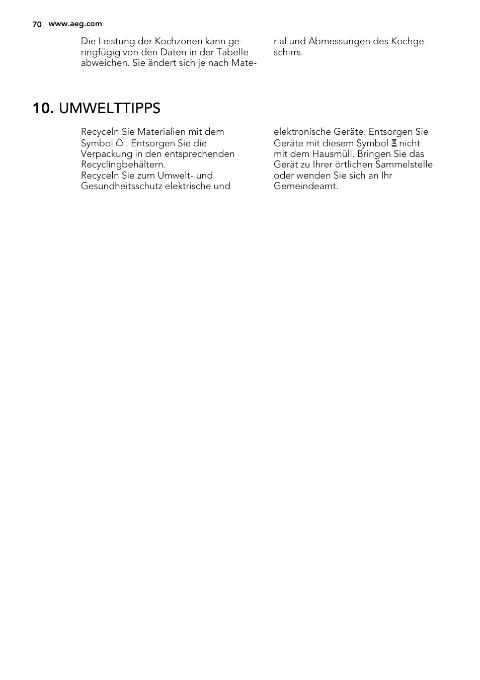 Umwelttipps | AEG HK854400FB User Manual | Page 70 / 72