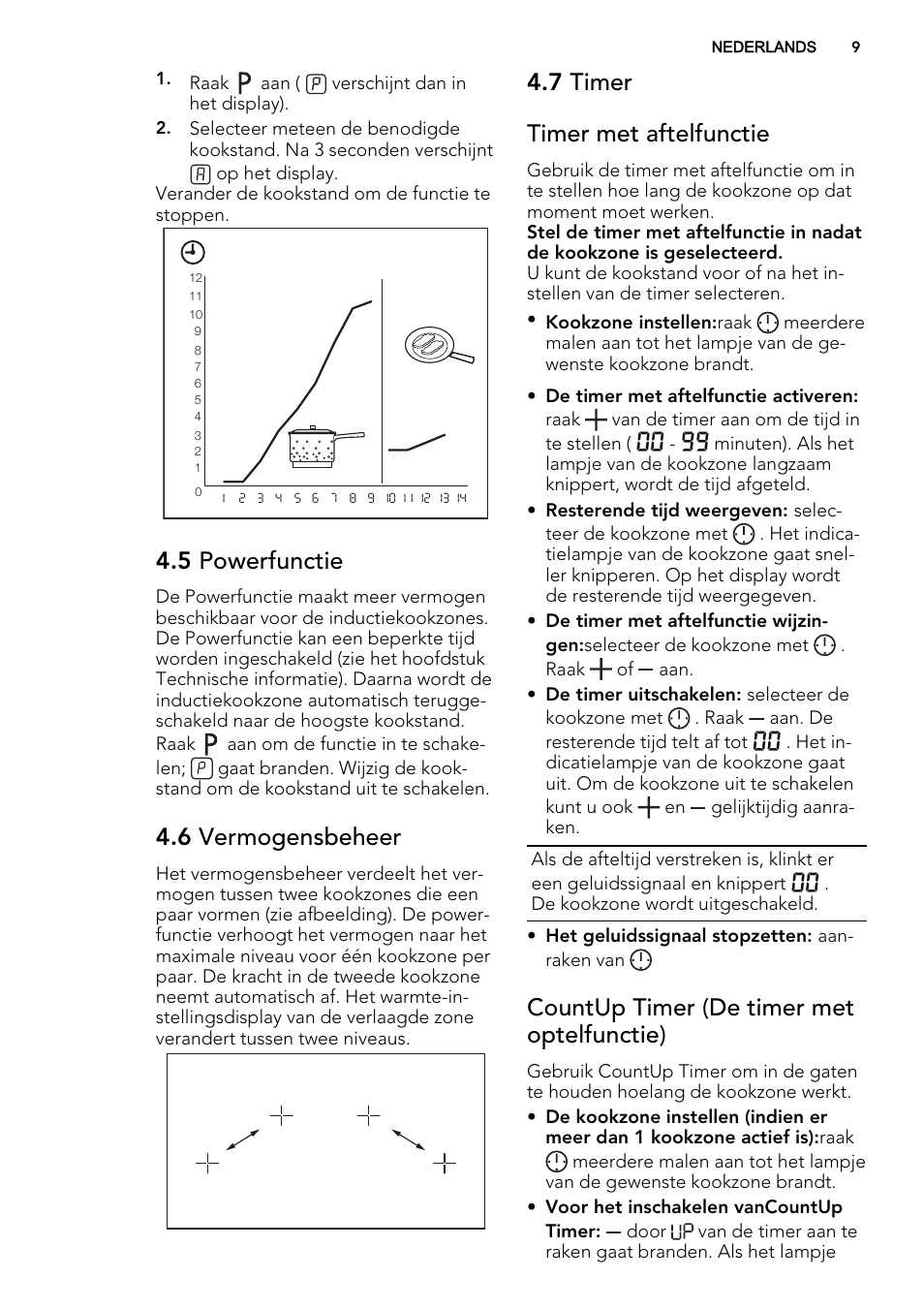 5 powerfunctie, 6 vermogensbeheer, 7 timer timer met aftelfunctie | Countup timer (de timer met optelfunctie) | AEG HK854400FB User Manual | Page 9 / 72