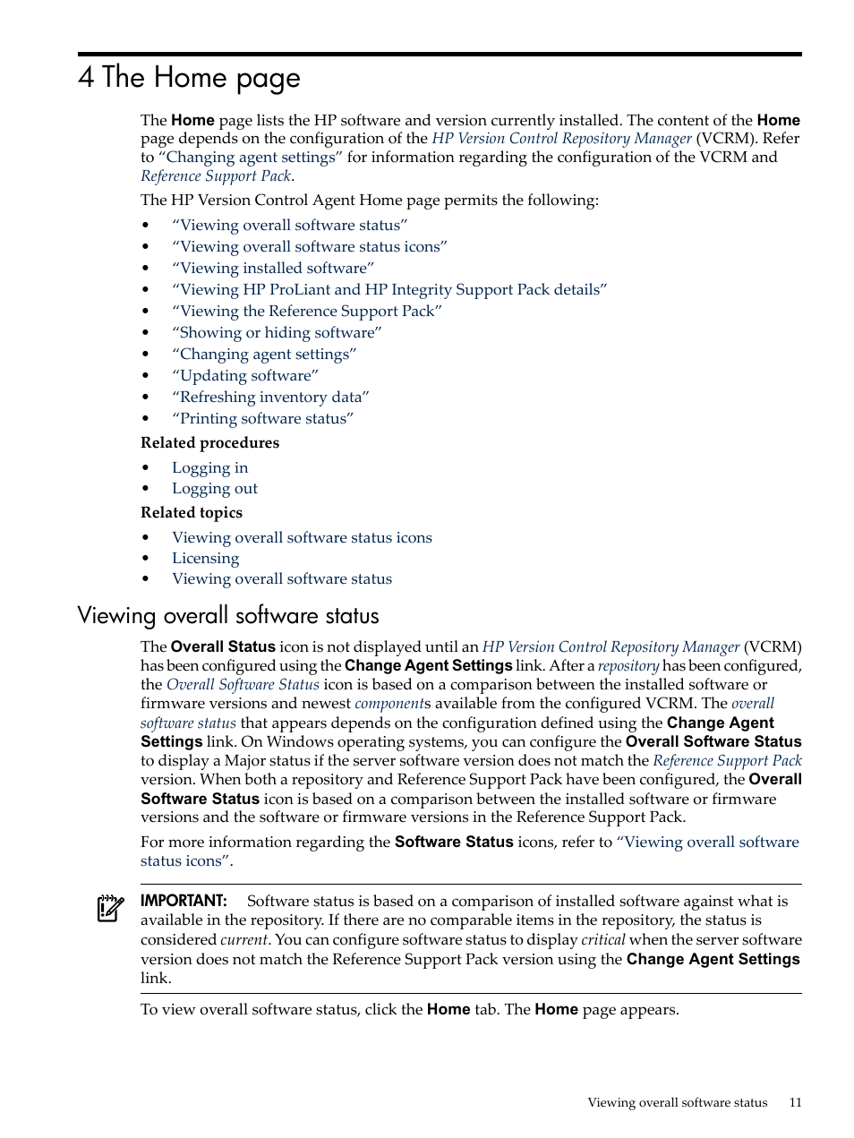 Viewing overall software status, 4 the home page | HP Integrity rx4640 Server User Manual | Page 11 / 53