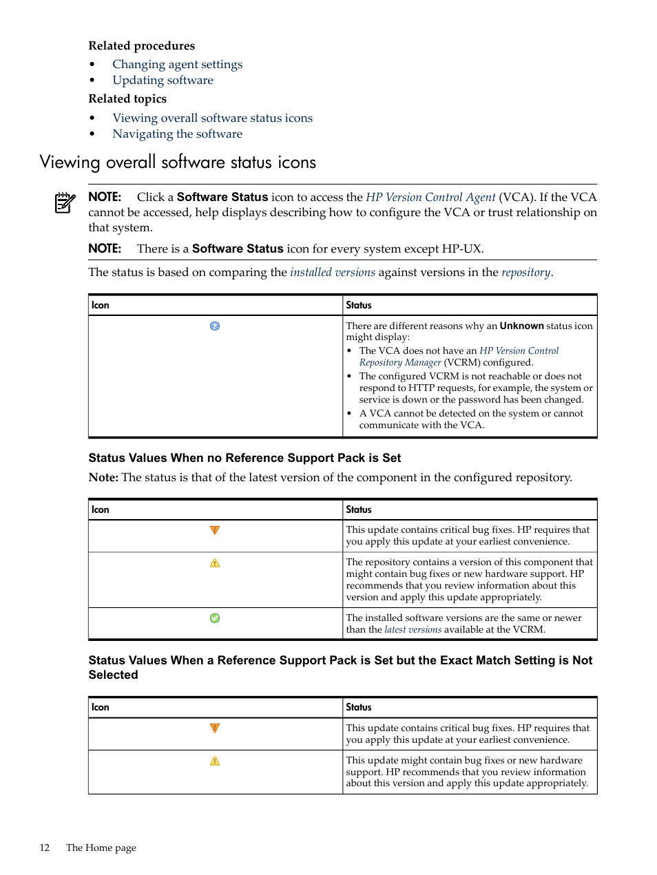 Viewing overall software status icons, Viewing overall software, Status icons | HP Integrity rx4640 Server User Manual | Page 12 / 53
