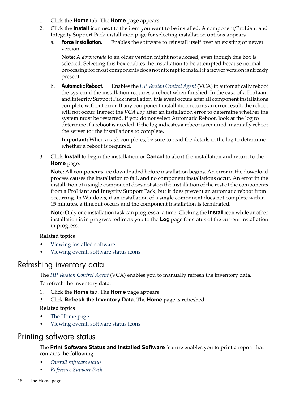 Refreshing inventory data, Printing software status, Refreshing inventory data printing software status | HP Integrity rx4640 Server User Manual | Page 18 / 53