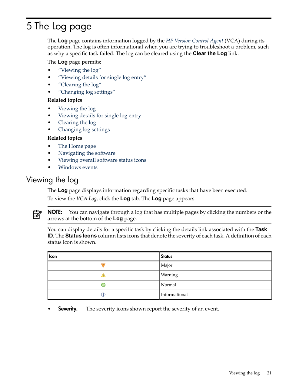 Viewing the log, 5 the log page | HP Integrity rx4640 Server User Manual | Page 21 / 53