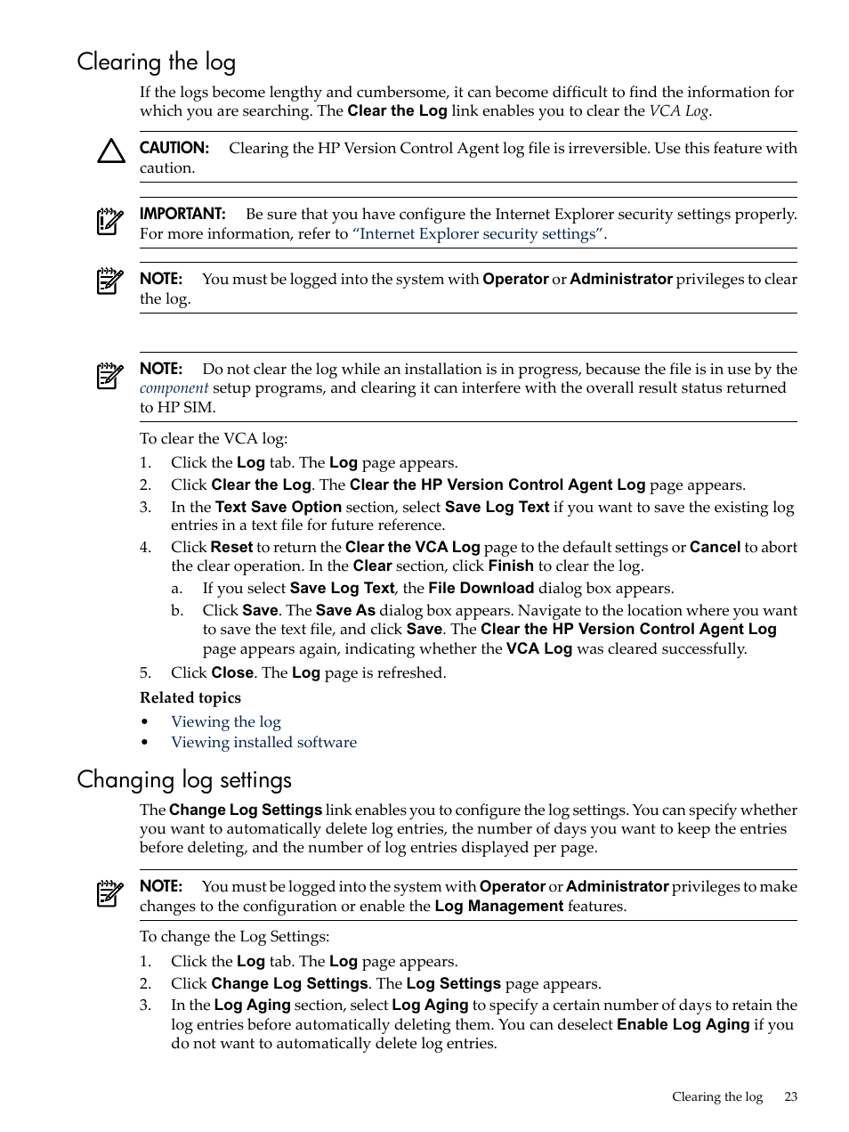 Clearing the log, Changing log settings, Clearing the log changing log settings | HP Integrity rx4640 Server User Manual | Page 23 / 53