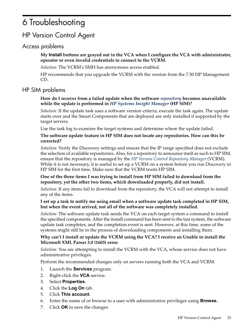 6 troubleshooting, Hp version control agent, Access problems | Hp sim problems, Access problems hp sim problems, Troubleshooting | HP Integrity rx4640 Server User Manual | Page 25 / 53