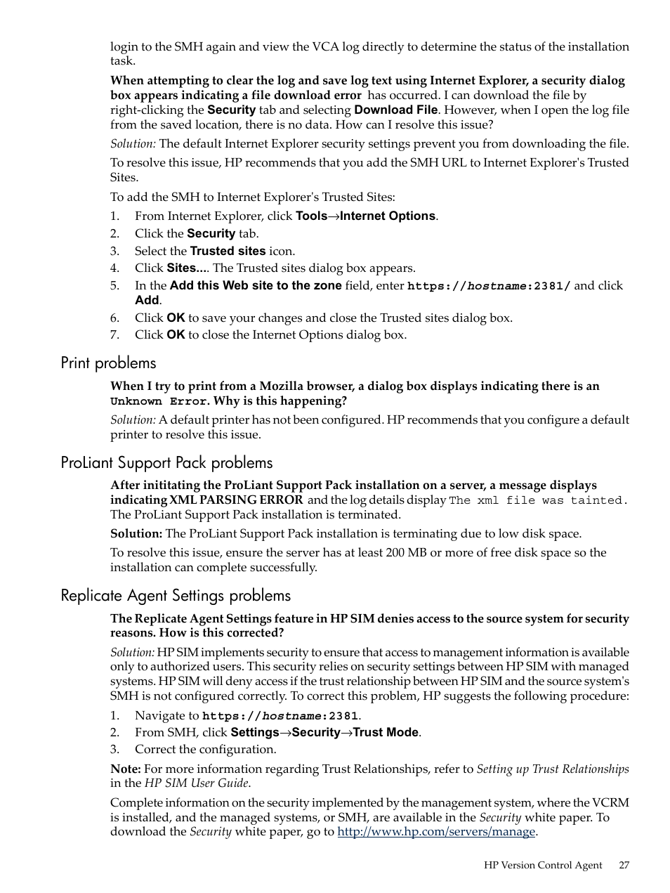 Print problems, Proliant support pack problems, Replicate agent settings problems | HP Integrity rx4640 Server User Manual | Page 27 / 53