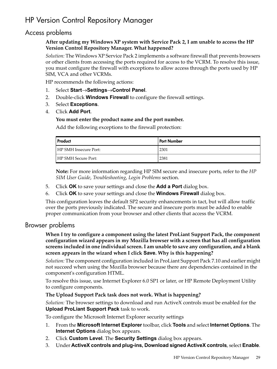 Hp version control repository manager, Access problems, Browser problems | Access problems browser problems | HP Integrity rx4640 Server User Manual | Page 29 / 53