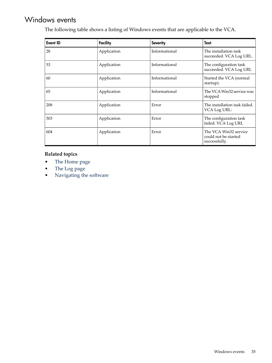 Windows events | HP Integrity rx4640 Server User Manual | Page 35 / 53