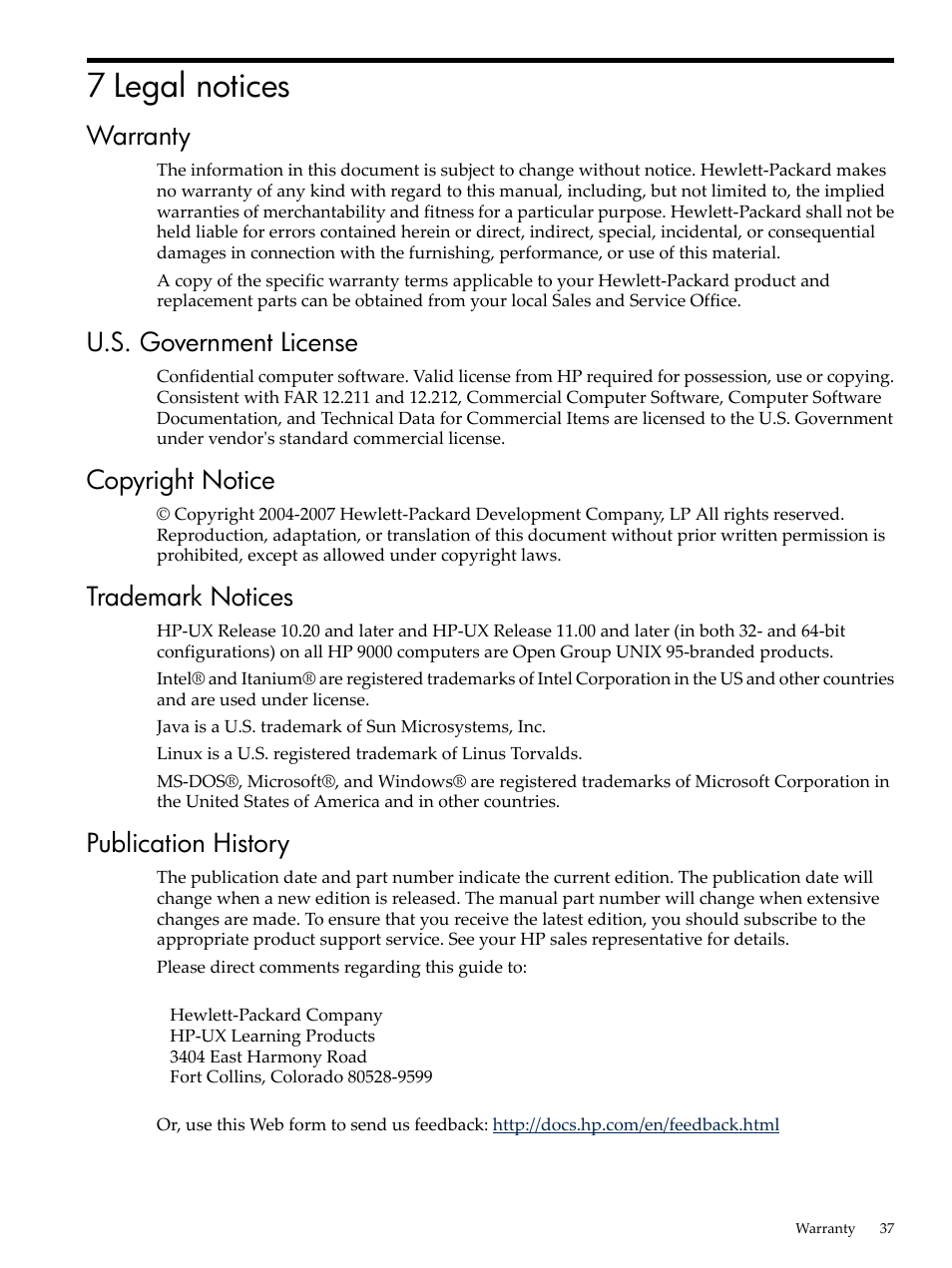 7 legal notices, Warranty, U.s. government license | Copyright notice, Trademark notices, Publication history | HP Integrity rx4640 Server User Manual | Page 37 / 53