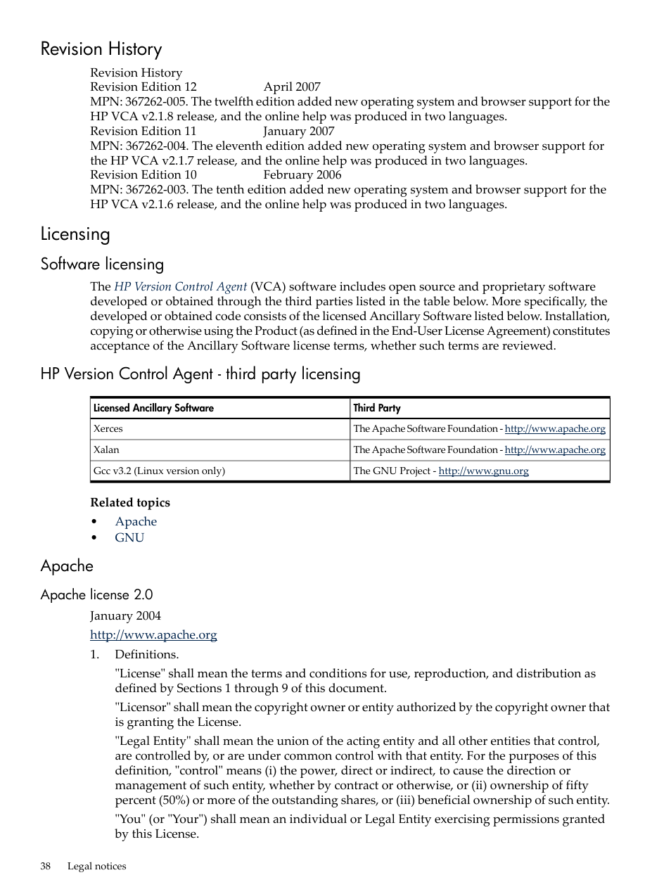 Revision history, Licensing, Software licensing | Hp version control agent - third party licensing, Apache, Apache license 2.0, Revision history licensing | HP Integrity rx4640 Server User Manual | Page 38 / 53