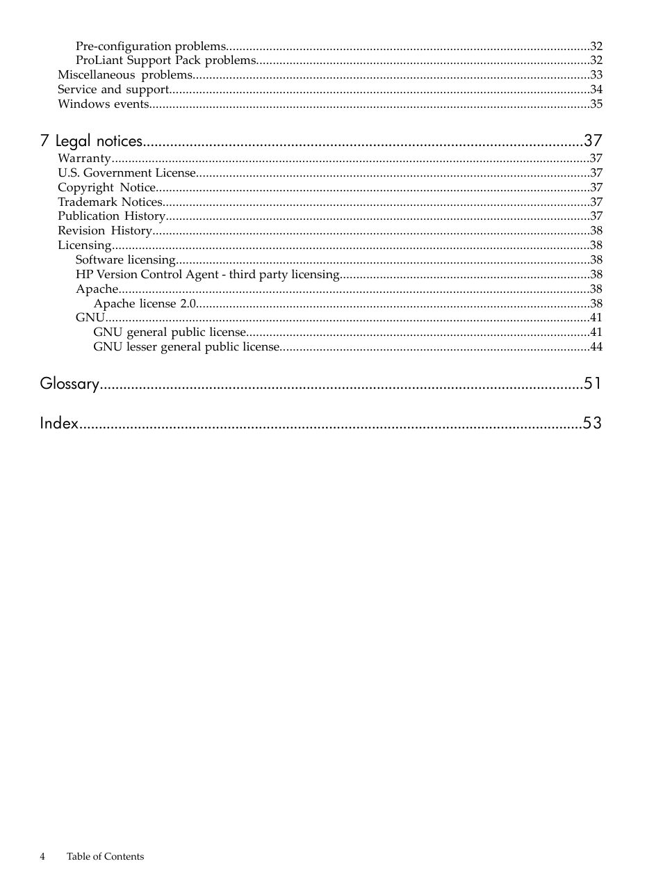 7 legal notices, Glossary index | HP Integrity rx4640 Server User Manual | Page 4 / 53