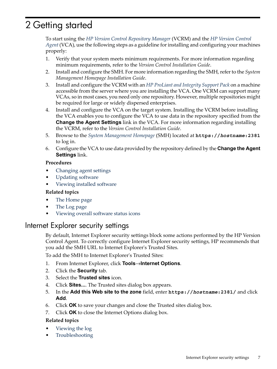 2 getting started, Internet explorer security settings | HP Integrity rx4640 Server User Manual | Page 7 / 53