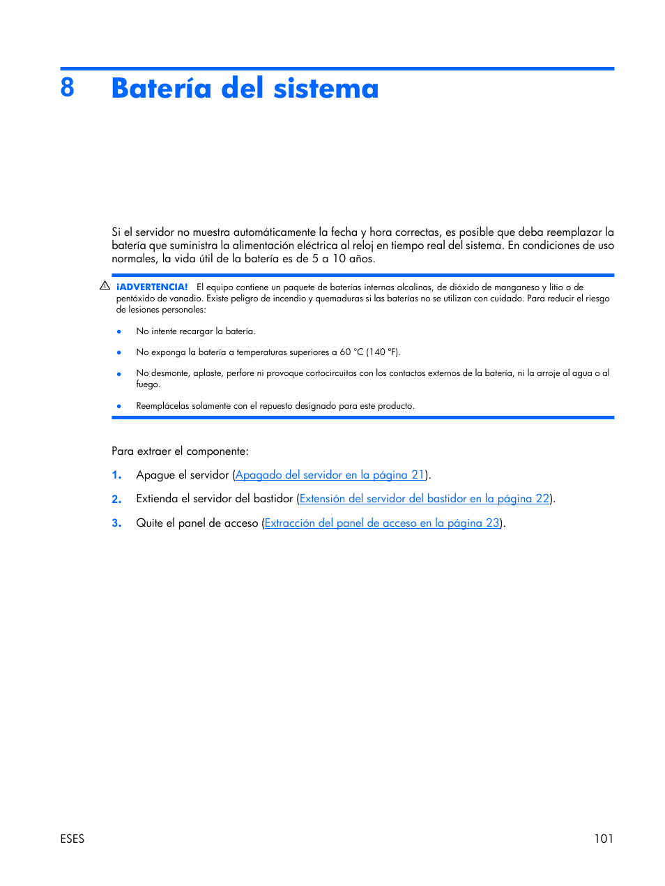 Batería del sistema, 8batería del sistema | HP Servidor HP ProLiant DL380 G5 User Manual | Page 109 / 137