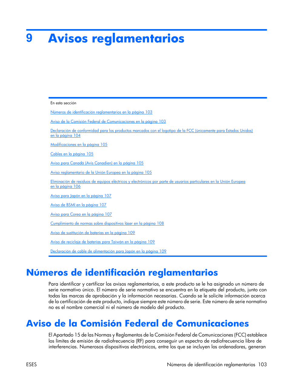 Avisos reglamentarios, Números de identificación reglamentarios, Aviso de la comisión federal de comunicaciones | 9avisos reglamentarios | HP Servidor HP ProLiant DL380 G5 User Manual | Page 111 / 137