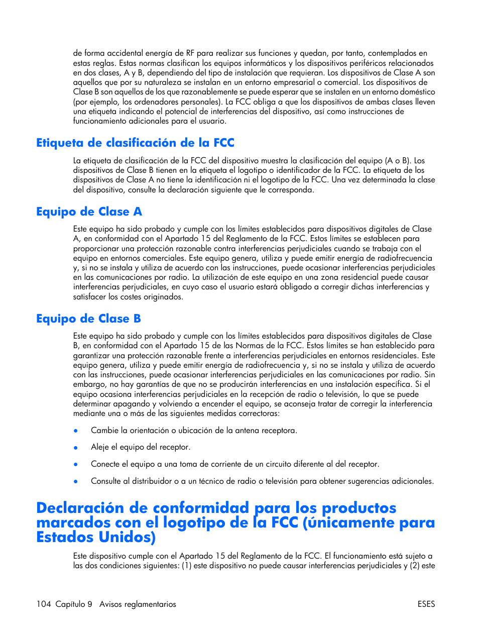Etiqueta de clasificación de la fcc, Equipo de clase a, Equipo de clase b | Para estados unidos) | HP Servidor HP ProLiant DL380 G5 User Manual | Page 112 / 137