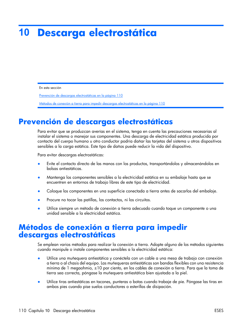 Descarga electrostática, Prevención de descargas electrostáticas, 10 descarga electrostática | HP Servidor HP ProLiant DL380 G5 User Manual | Page 118 / 137