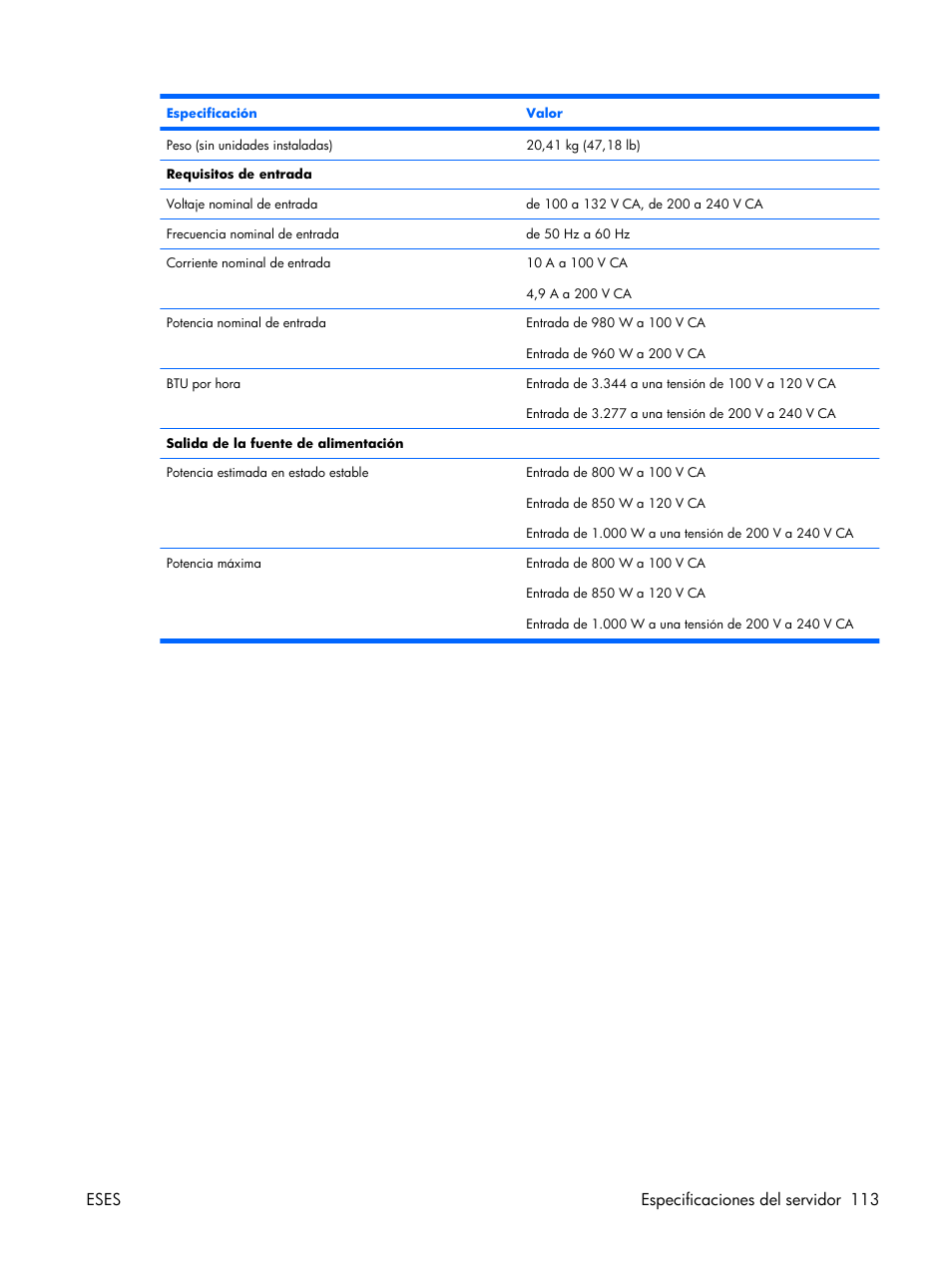Eses especificaciones del servidor 113 | HP Servidor HP ProLiant DL380 G5 User Manual | Page 121 / 137