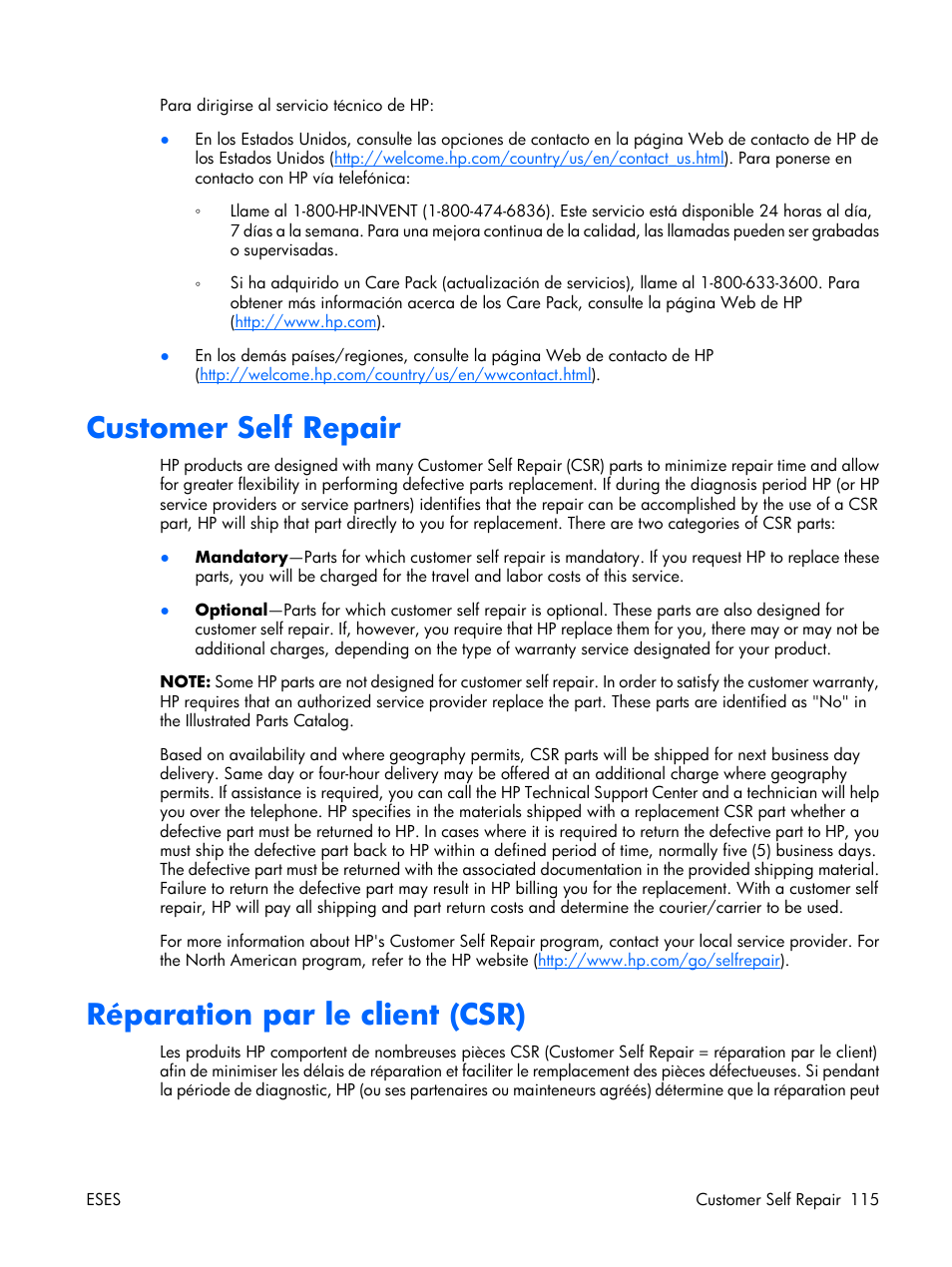 Customer self repair, Réparation par le client (csr) | HP Servidor HP ProLiant DL380 G5 User Manual | Page 123 / 137