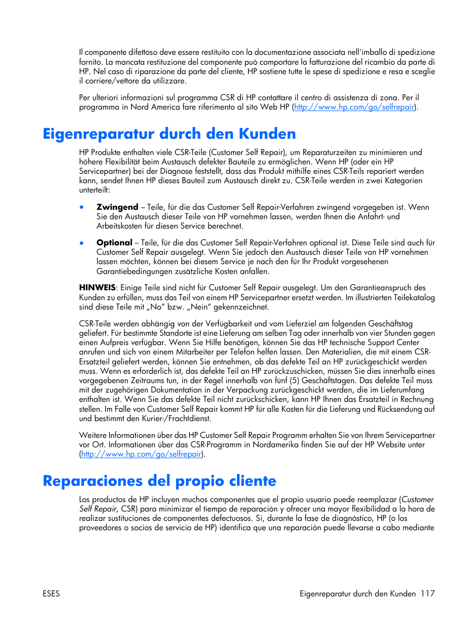 Eigenreparatur durch den kunden, Reparaciones del propio cliente | HP Servidor HP ProLiant DL380 G5 User Manual | Page 125 / 137