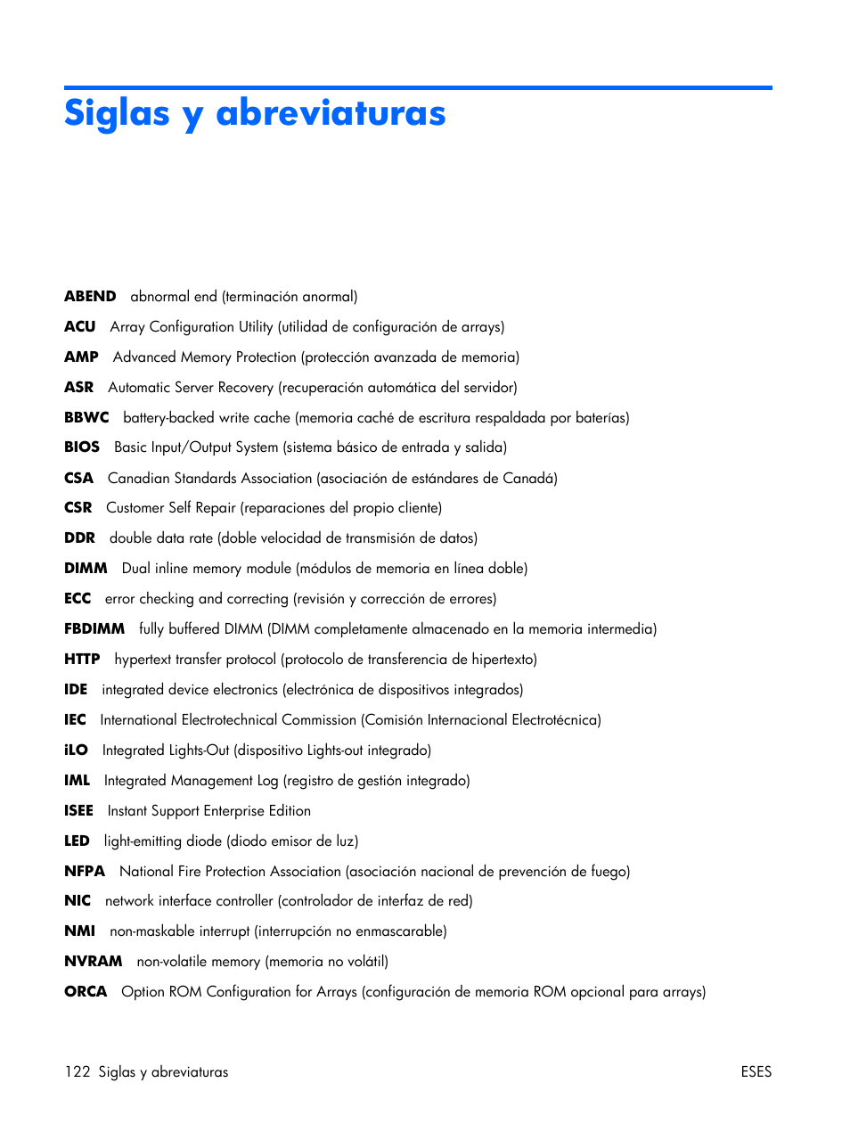 Siglas y abreviaturas | HP Servidor HP ProLiant DL380 G5 User Manual | Page 130 / 137