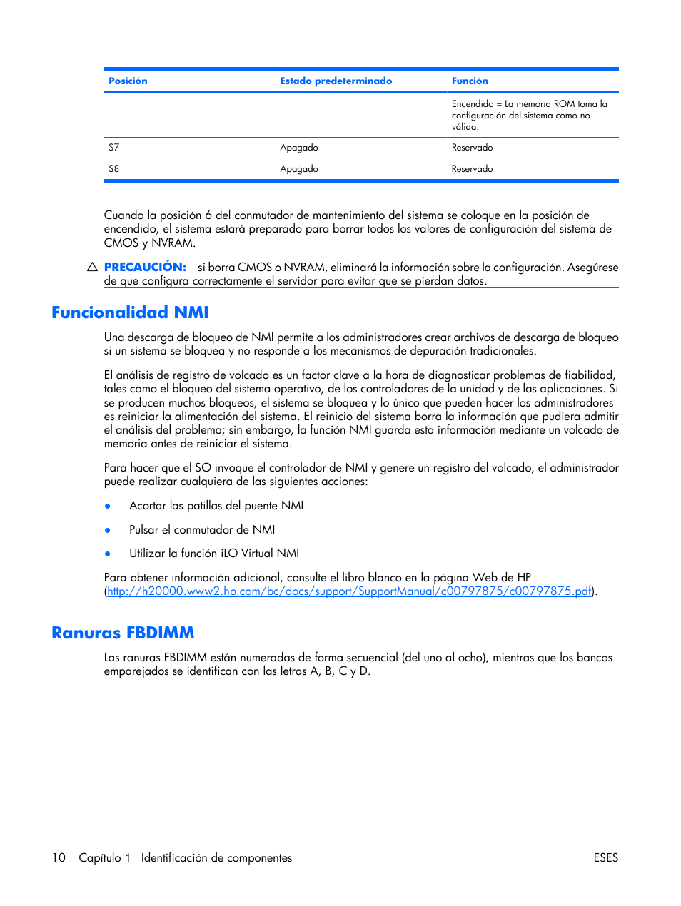 Funcionalidad nmi, Ranuras fbdimm | HP Servidor HP ProLiant DL380 G5 User Manual | Page 18 / 137