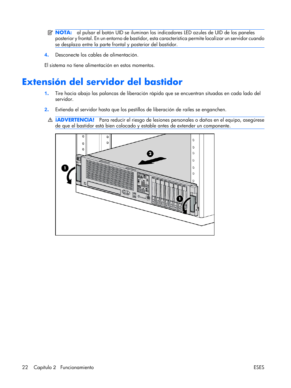Extensión del servidor del bastidor | HP Servidor HP ProLiant DL380 G5 User Manual | Page 30 / 137