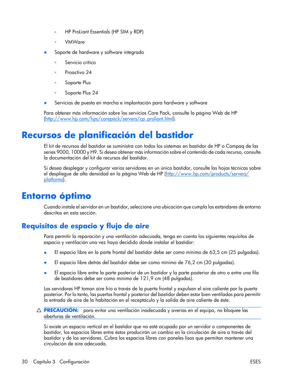 Recursos de planificación del bastidor, Entorno óptimo, Requisitos de espacio y flujo de aire | HP Servidor HP ProLiant DL380 G5 User Manual | Page 38 / 137