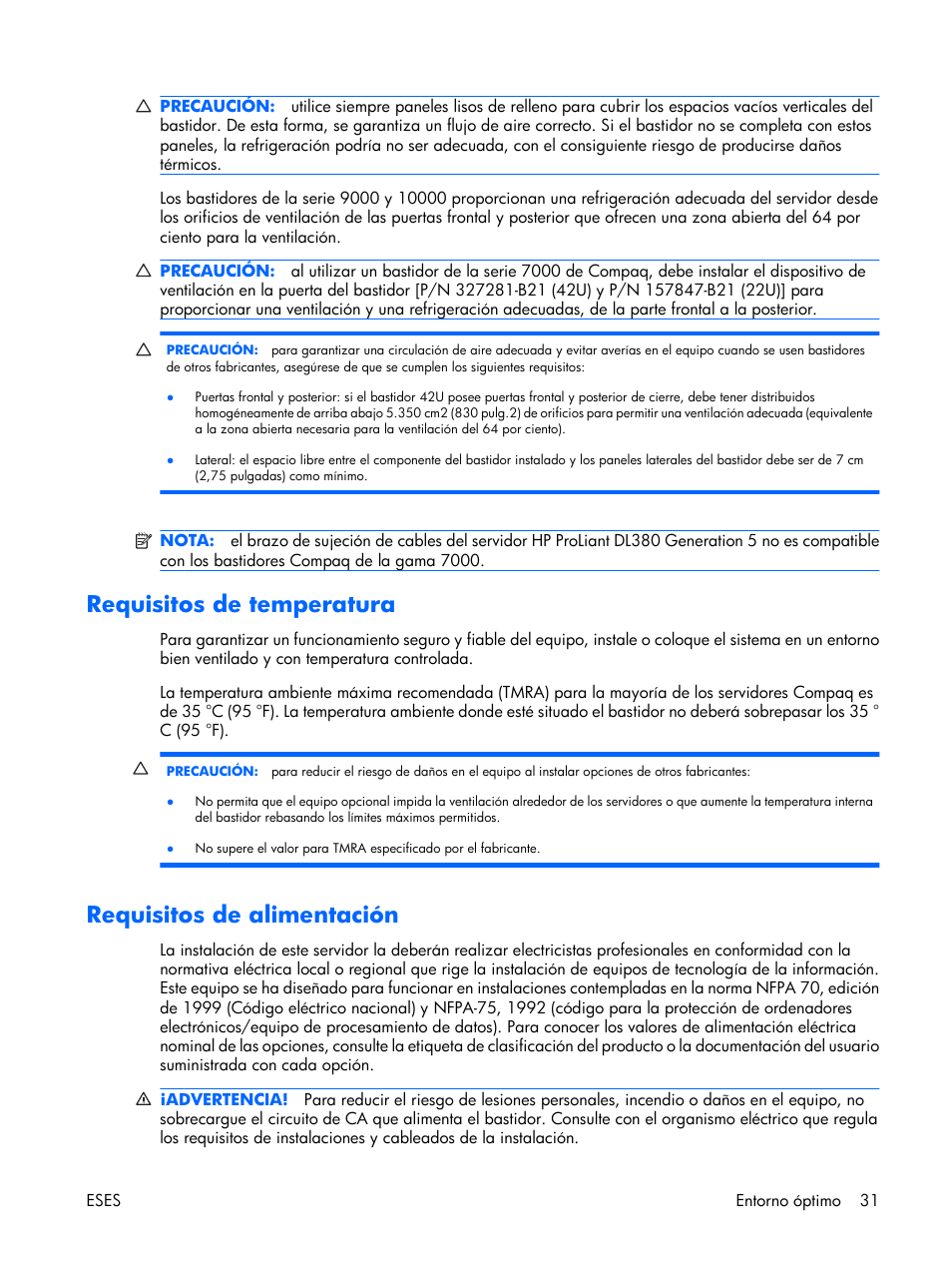 Requisitos de temperatura, Requisitos de alimentación | HP Servidor HP ProLiant DL380 G5 User Manual | Page 39 / 137