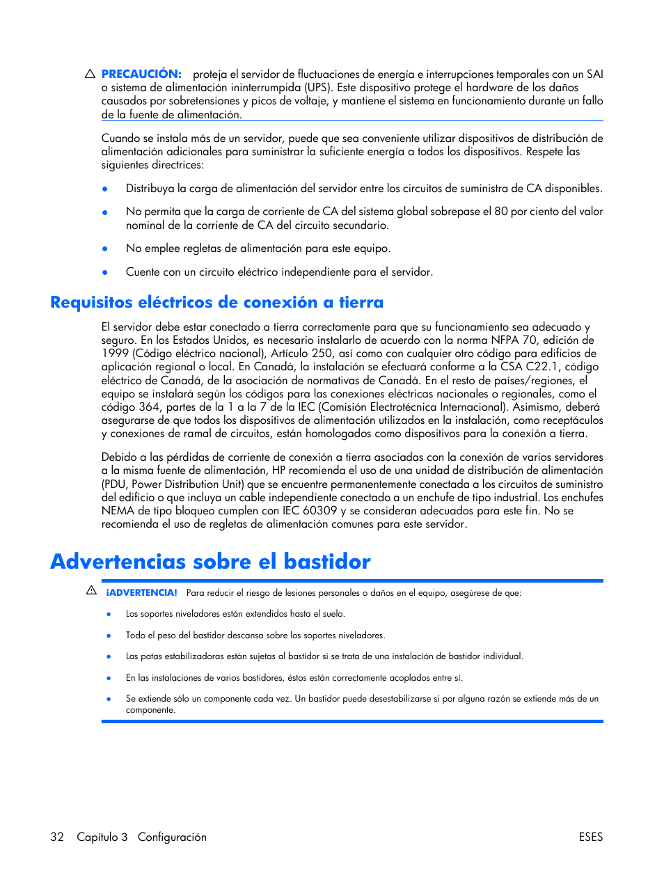 Requisitos eléctricos de conexión a tierra, Advertencias sobre el bastidor | HP Servidor HP ProLiant DL380 G5 User Manual | Page 40 / 137