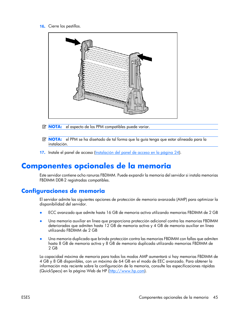 Componentes opcionales de la memoria, Configuraciones de memoria | HP Servidor HP ProLiant DL380 G5 User Manual | Page 53 / 137