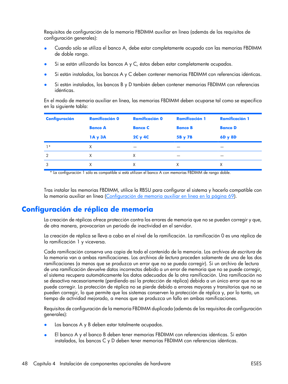 Configuración de réplica de memoria | HP Servidor HP ProLiant DL380 G5 User Manual | Page 56 / 137