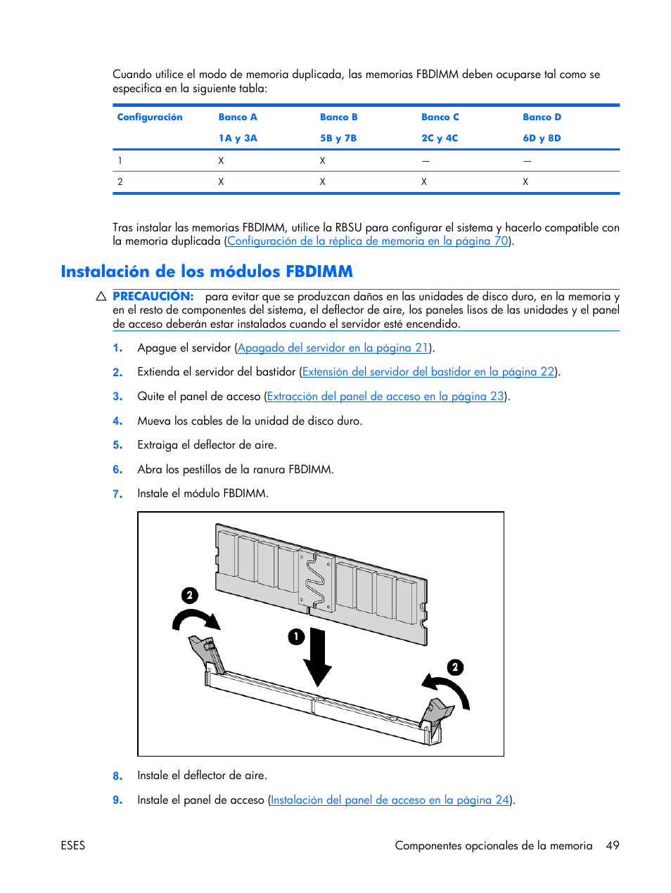 Instalación de los módulos fbdimm | HP Servidor HP ProLiant DL380 G5 User Manual | Page 57 / 137