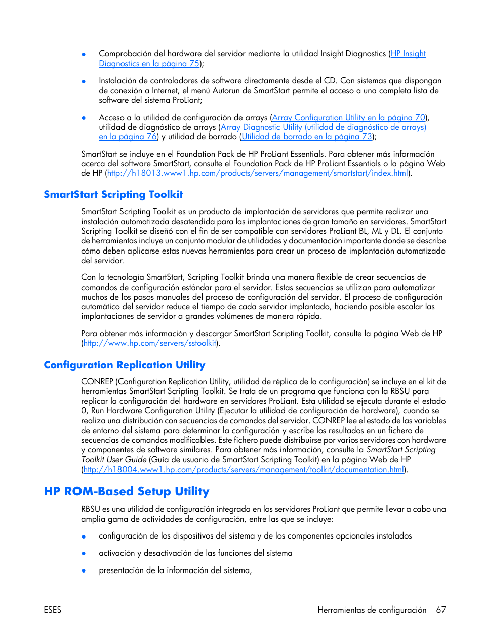 Smartstart scripting toolkit, Configuration replication utility, Hp rom-based setup utility | HP Servidor HP ProLiant DL380 G5 User Manual | Page 75 / 137