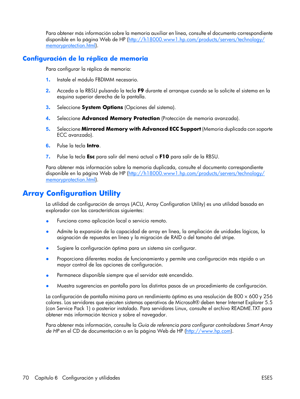 Configuración de la réplica de memoria, Array configuration utility | HP Servidor HP ProLiant DL380 G5 User Manual | Page 78 / 137