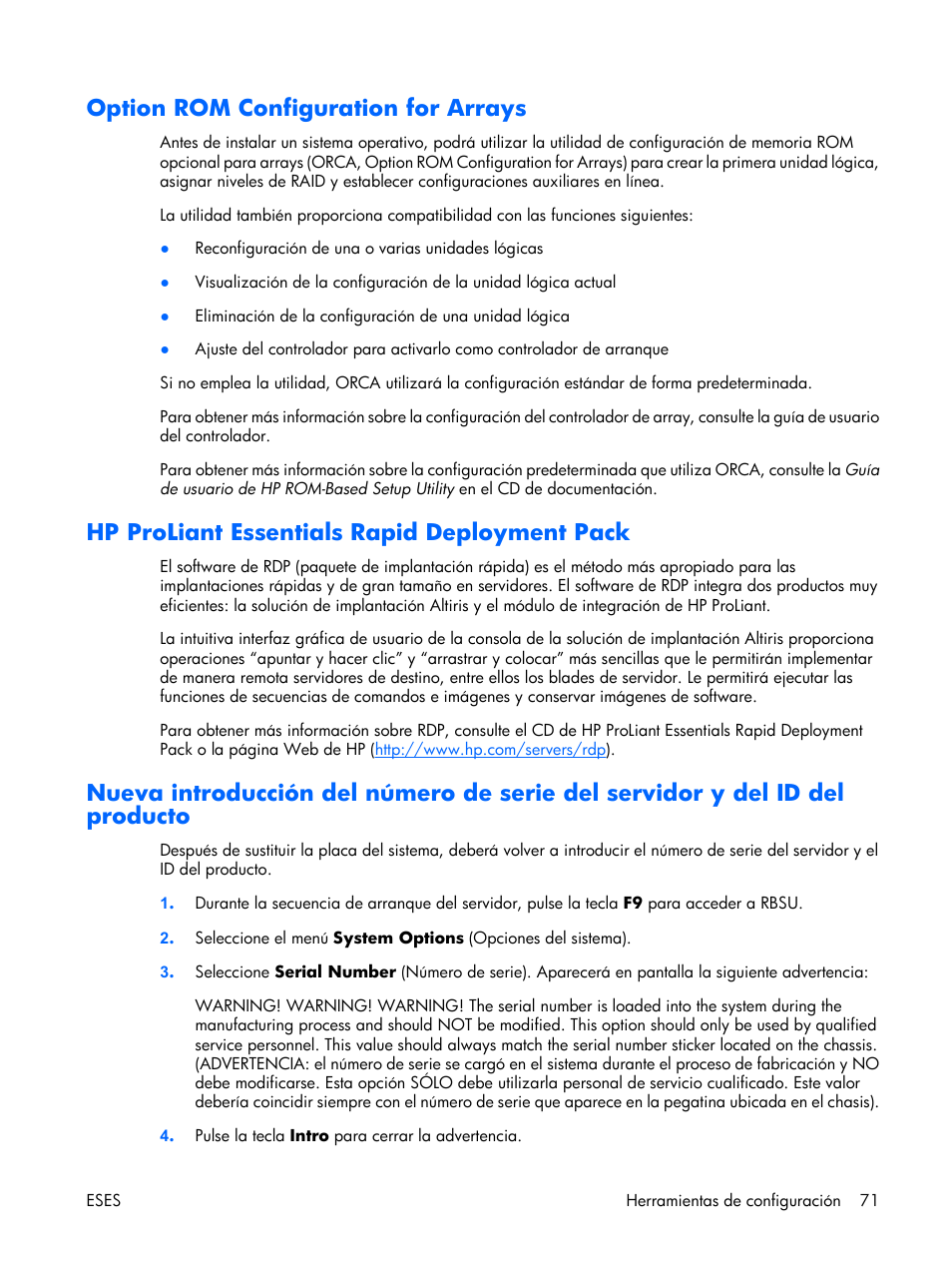 Option rom configuration for arrays, Hp proliant essentials rapid deployment pack | HP Servidor HP ProLiant DL380 G5 User Manual | Page 79 / 137