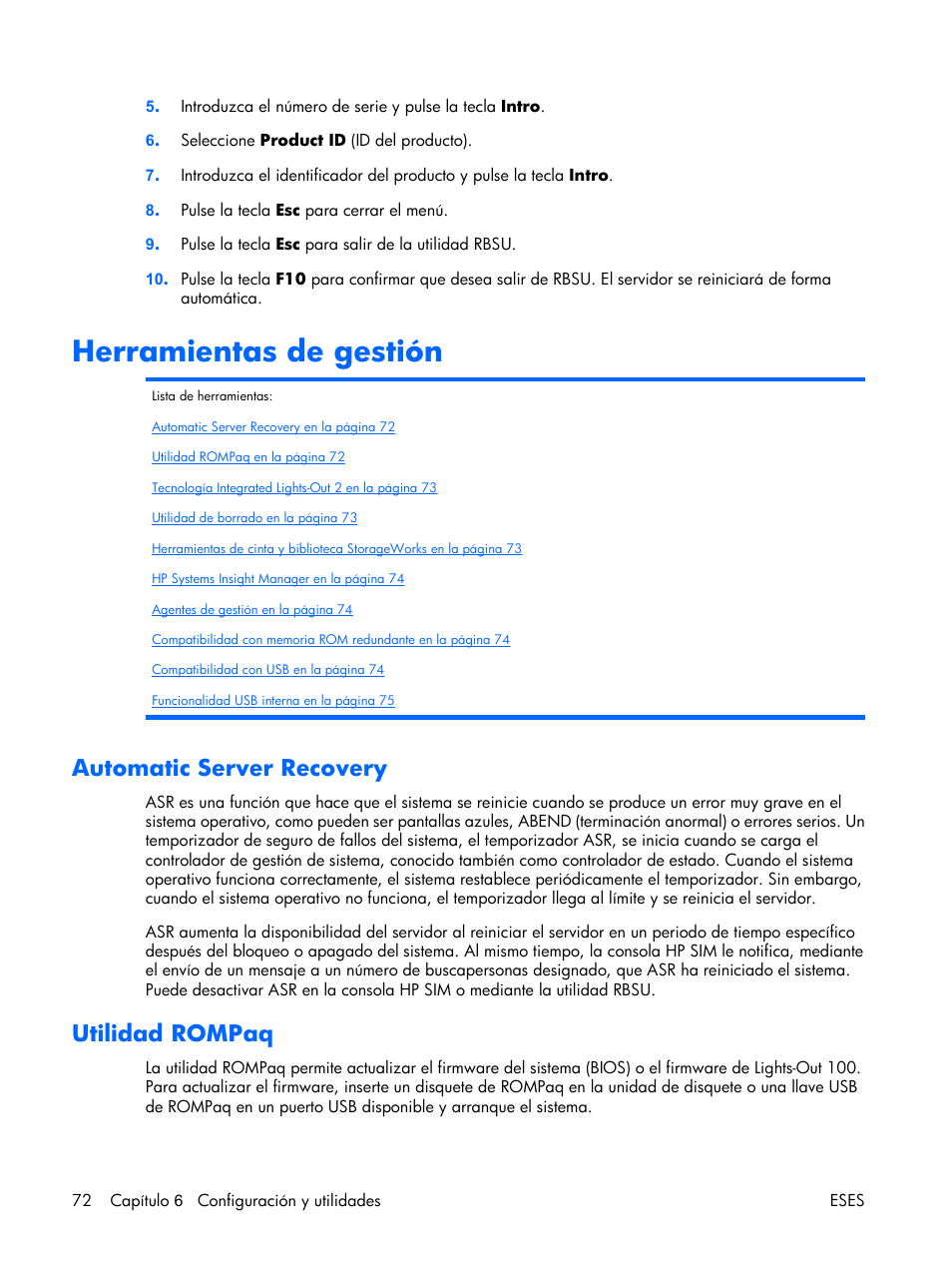 Herramientas de gestión, Automatic server recovery, Utilidad rompaq | HP Servidor HP ProLiant DL380 G5 User Manual | Page 80 / 137